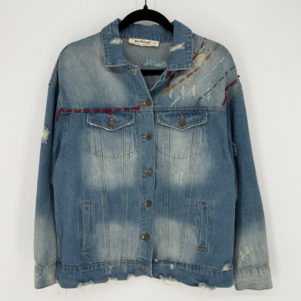 THREE BIRD NEST MEDIUM WASH EMBROIDERED THREADING DENIM JACKET MEDIUM